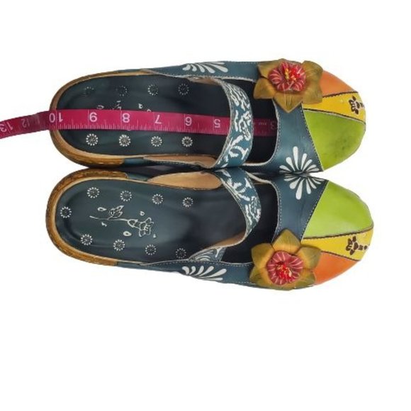 Women's Blue/Multi Flower Slip-On Leather Cut-Out Backless Platform Sandal Sz 41 - Picture 10 of 16